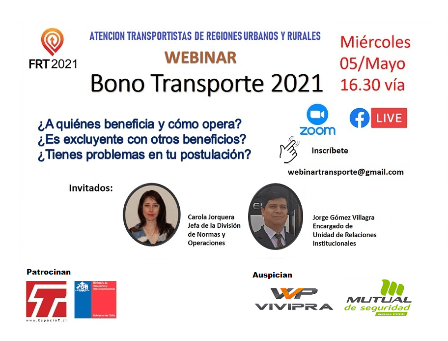 Webinar Bono Transporte 2021: Todo lo que necesitas saber para postular. Conéctate hoy vía Zoom y Facebook Live.